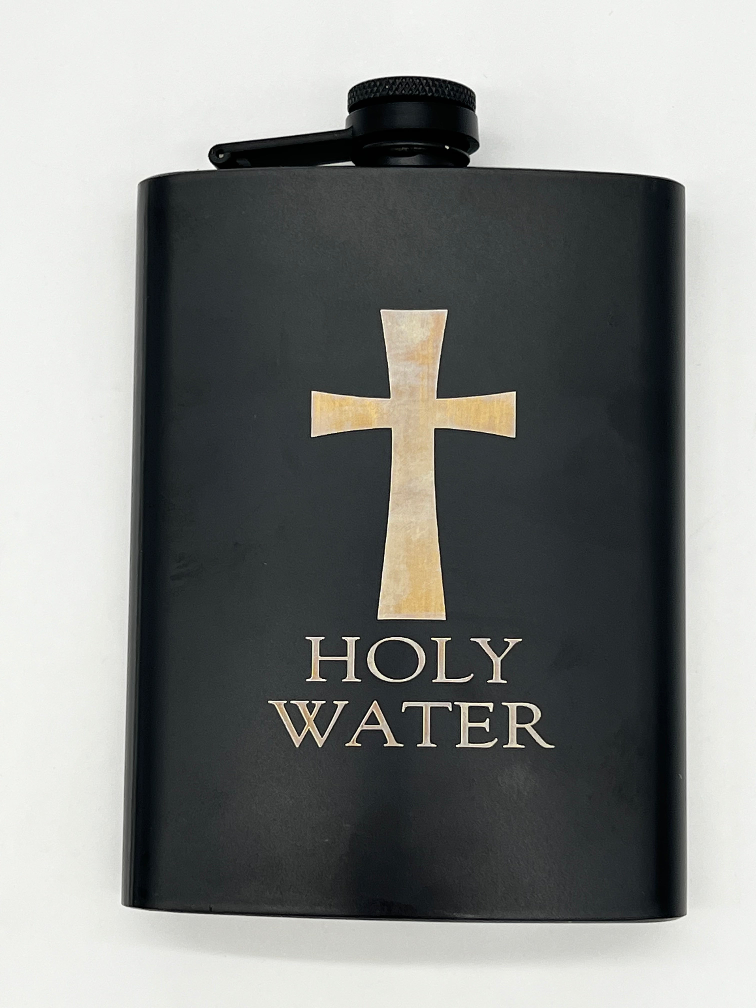 Zeman Woodcrafts Engraved Flask. Design shows "Holy Water" and Cross.