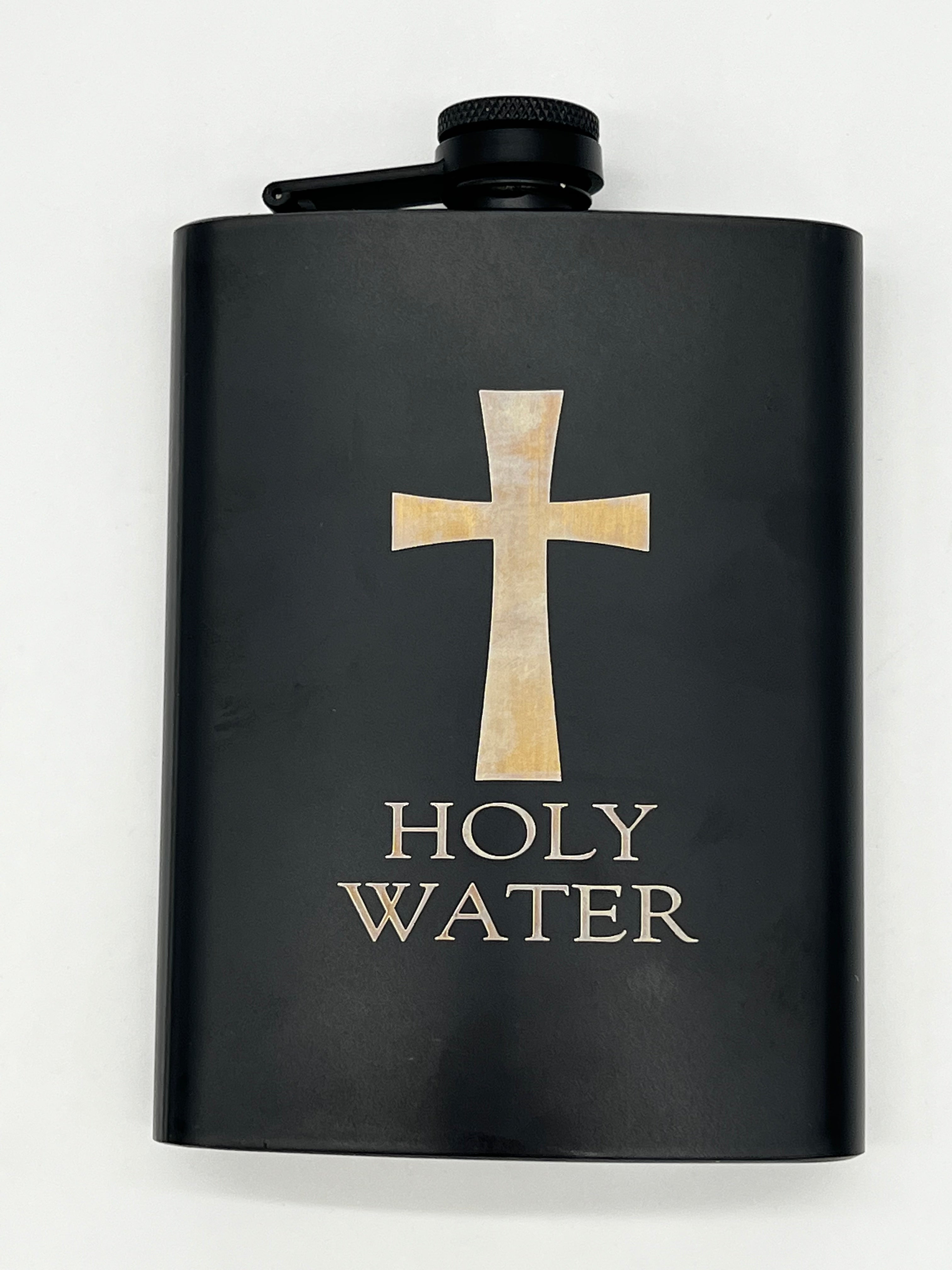Zeman Woodcrafts Engraved Flask.  Design shows "Holy Water" and Cross.